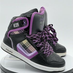 Vintage 2009 Baby Phat hightop sneakers. Blk  leather and purple plaid. Size W6